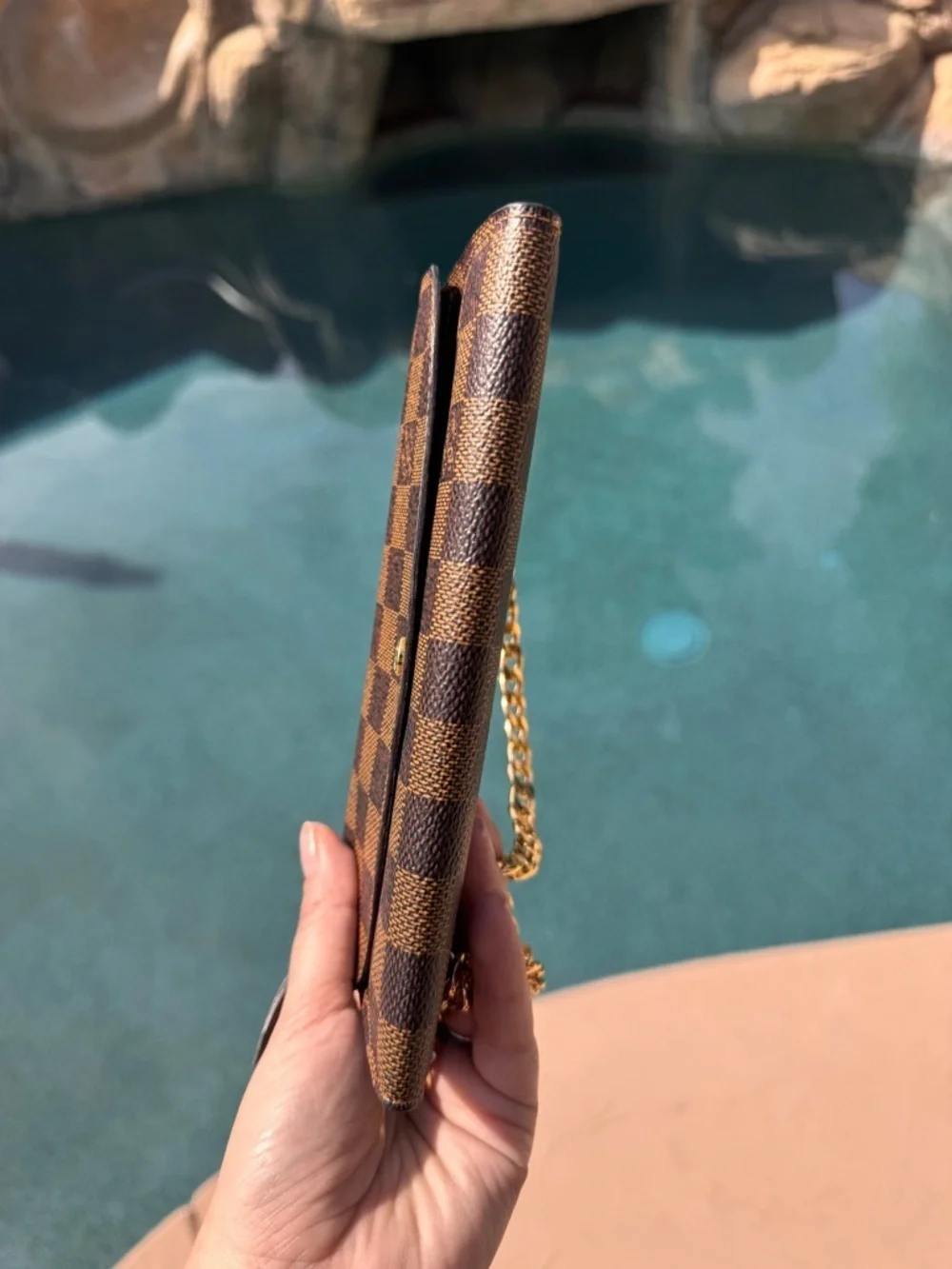 Authentic Louis Vuitton Brown Checkered Crossbody with Gold Chain